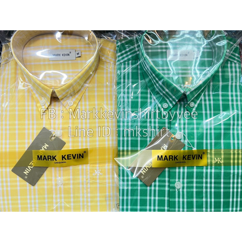 เสื้อเชิ้ตลายสก๊อต สีเหลืองสด และ สีเขียวสด แขนสั้นนะคะ