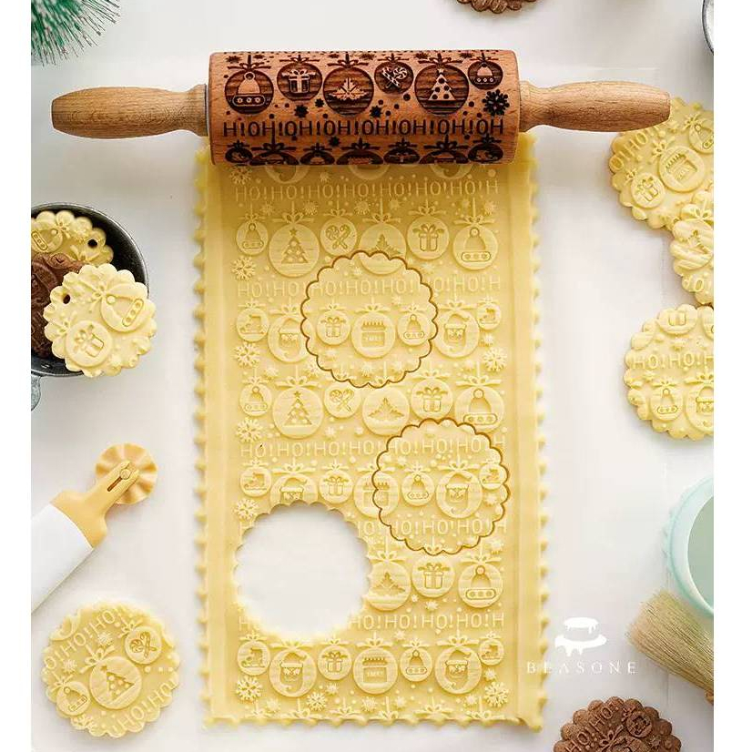 ไม้กลิ้งลายคุกกี้คริสต์มาส Cookie Christmas Rolling Pin คุกกี้คริสต์มาส (ไม้ Beechwood แท้)