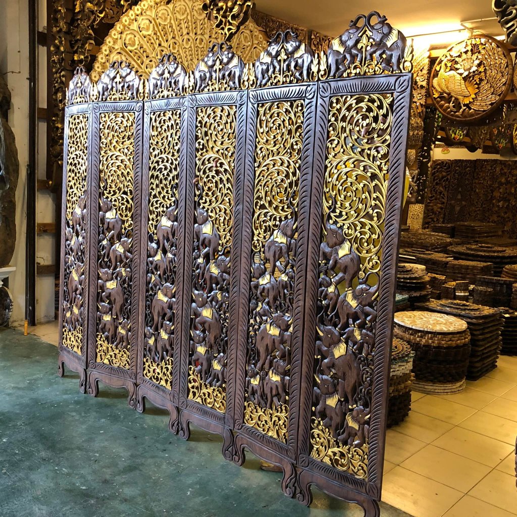 (ขนาดใหญ่) ฉากไม้สัก สูง 180 ซม. รูปช้างแกะสลัก ประตูไม้สัก กว้างยืดสุด 210 ซม. 6 พับ ฉลุ 2 ด้าน Wooden Carved Elephant - รูปที่ 2