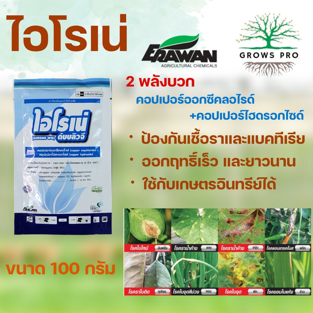 GrowsPro ไอโรเน่ ขนาด100 กรัม 2 พลังบวก(คอปเปอร์ออกซี่คลอไรด์+คอปเปอร์ไฮดรอกไซด์) กำจัดโรคราและแบคทีเรียหลายชนิด