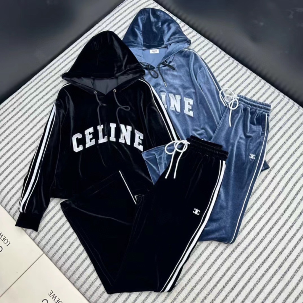 2สี Set CELINE ชุดเซท กำมะหยี่ เสื้อแขนยาว มีฮู้ด + กางเกงขายาว แต่งแถบ ซีลีน เซลีน