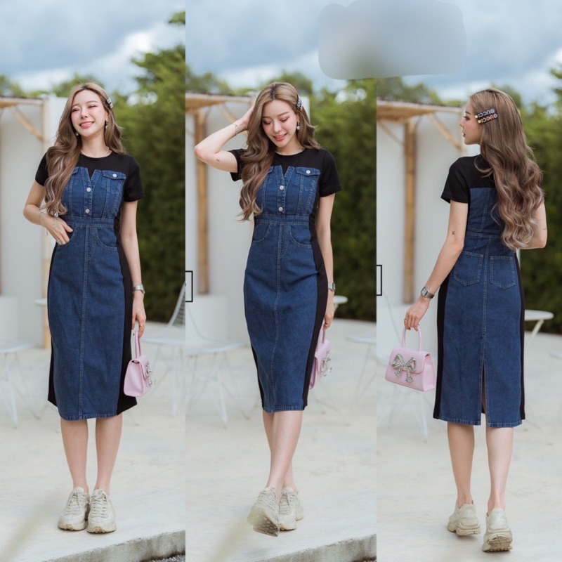 เดรสกระโปรงยีนส์ตัวยาว ตัดเเต่งเสริมผ้ายีนส์หน้า-หลัง (S-5XL)