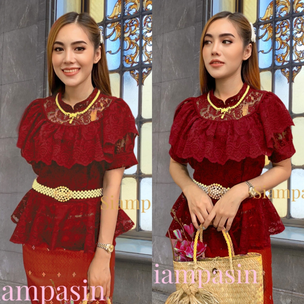 PTT เสื้อลูกไม้ ผ้านุ่มใส่ไม่คัน อก 32-36, 34-38, 38-40, 40-42, 42-46 นิ้ว สีแดง เป็นชุดไทย ร5 ใส่ทำบุญ วนิดา Blouse