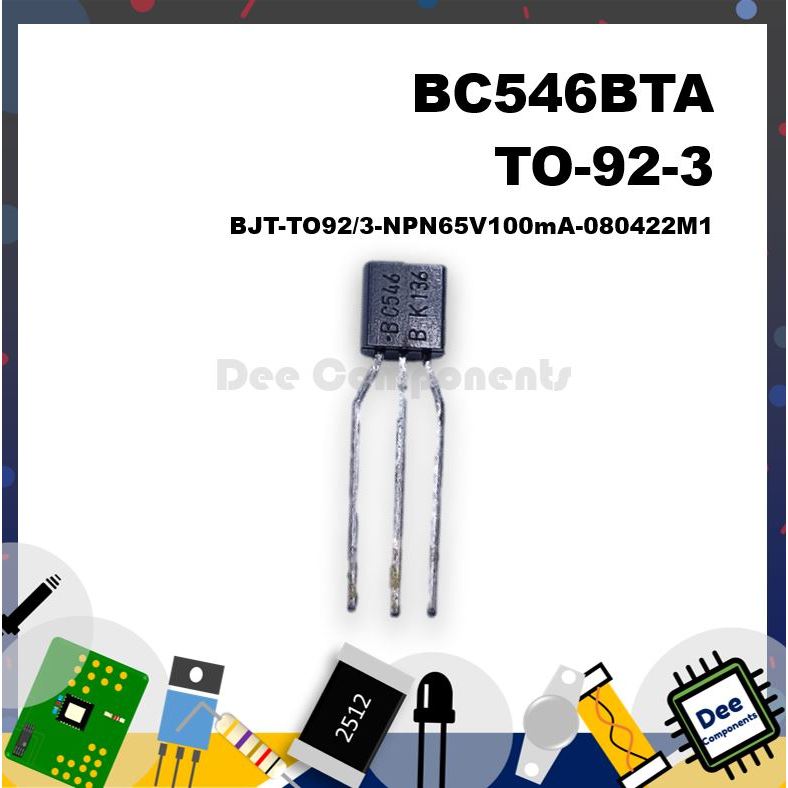 onsemi BC546BTA Bipolar Transistor 65V 100mA 300MHz 500mW BJT-TO92/3-NPN65V100mA-080422M1 (2 ชิ้น)