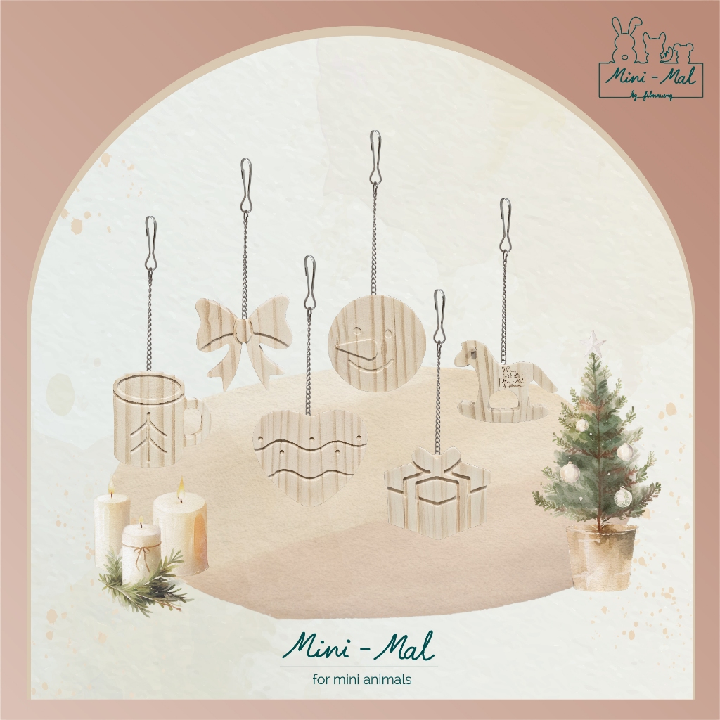 Mini-Mal by FN | 🎄 Deck the Halls โมบายไม้สน สำหรับตกแต่งกรงและต้นคริสมาสต์ เซ็ท 6แบบ สำหรับชินชิลล่า บุชเบบี้ ฯลฯ