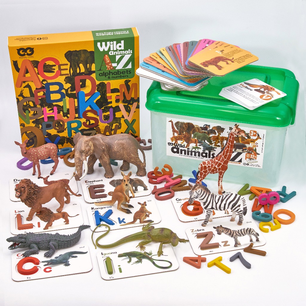 ชุดของเล่นสัตว์ป่า A-Z 27 ตัว พร้อมอักษรไม้/การ์ด กล่องหูหิ้ว Nerdy Owl Wild Animas A-Z/Wooden Alphabets & Numbers