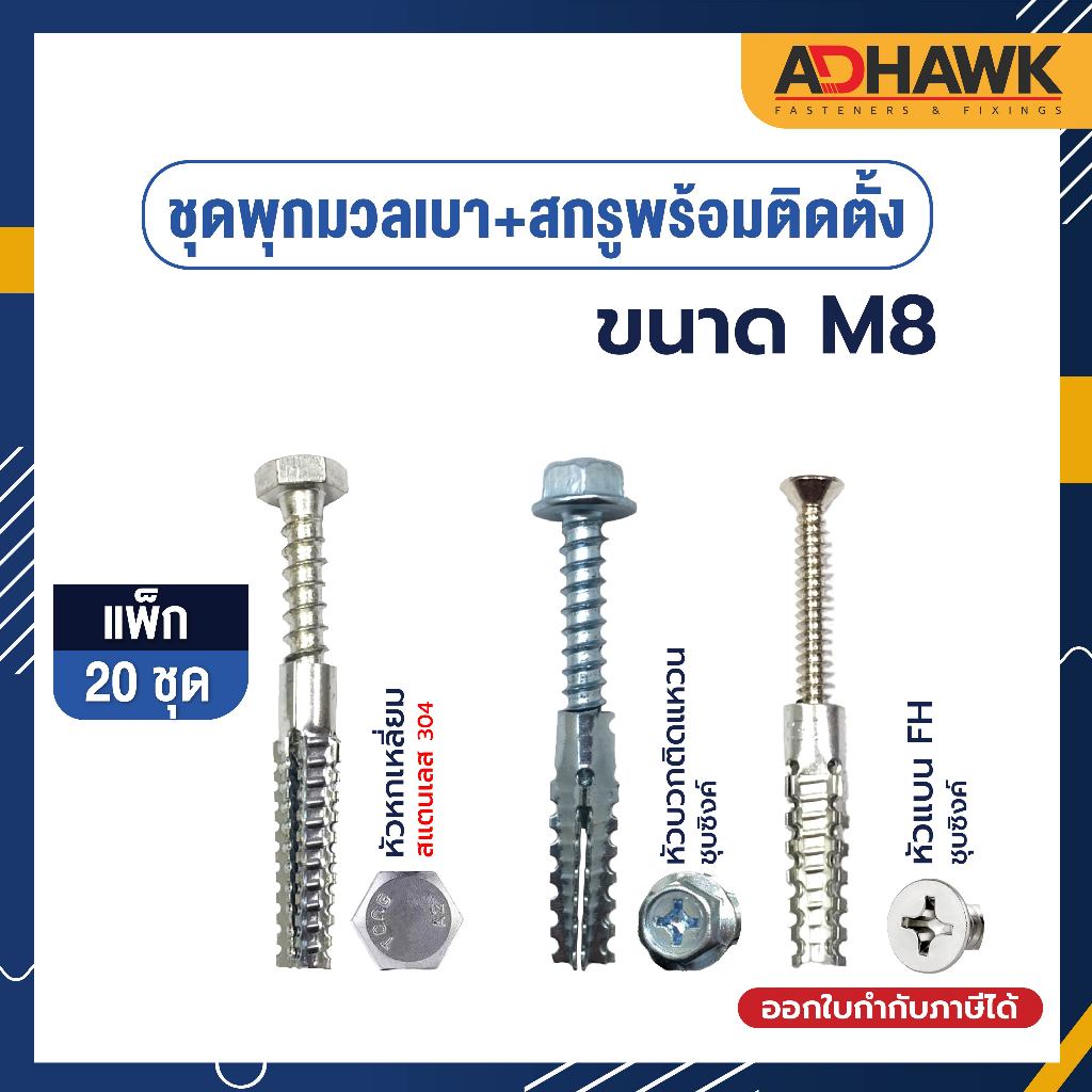 ADHAWK พุกยึดอิฐมวลเบา พุกยึดผนังมวลเบา พุกฟันเลื่อยM8 พร้อมสกรู ยึดแน่น แข็งแรงเหมาะกับผนังมวลเบา