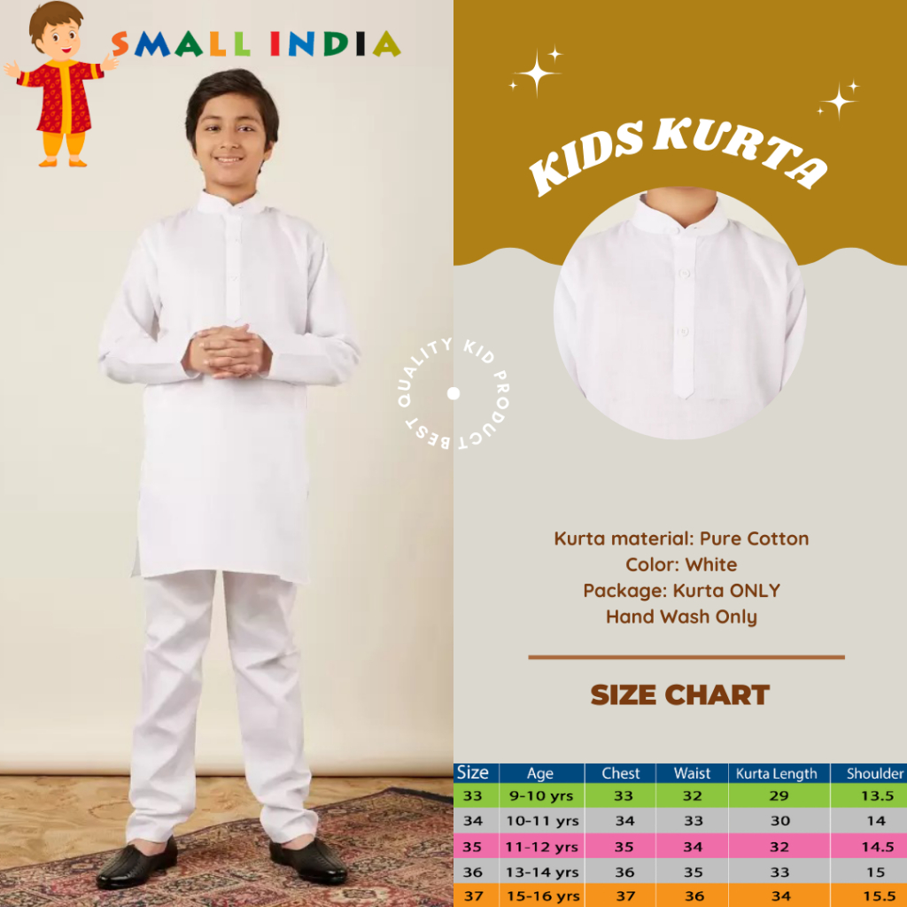 {**ส่งฟรี**} SMALL INDIA ⚾️🌟 Kids Boy Mandarin Collar Cotton Kurta (เฉพาะเสื้อ) ⚾️🌟 Boy Kurta