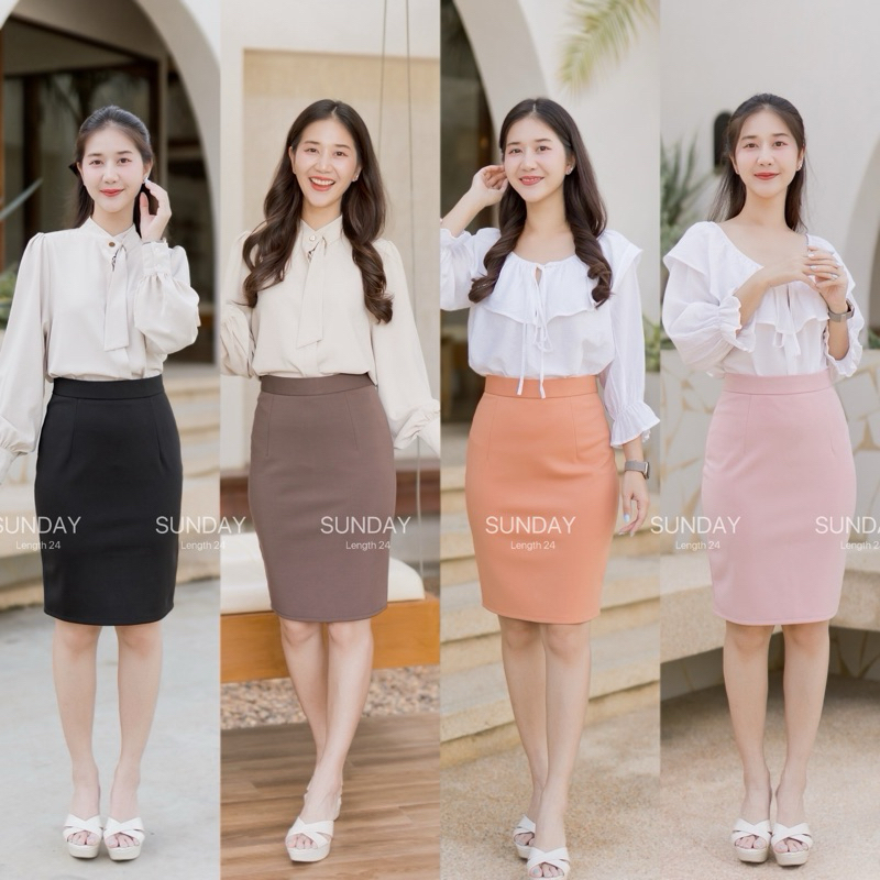 🍑กระโปรงทำงาน ผ้าโรเชส ยาว 24 นิ้ว ผ่าหลังแหวก กระโปรงทรงเอ-ทรงสอบ