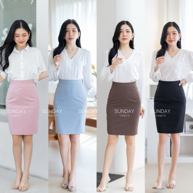 🍉กระโปรงทำงาน ผ้าโรเชส ยาว 22 นิ้ว ผ่าหลังแหวก Sz.S-3XL กระโปรงทรงเอ-ทรงสอบ