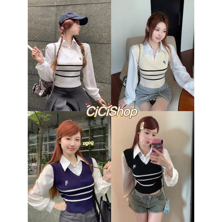 Cicishop(03041)เสื้อไหมพรมคอปกแขนยาว สไตล์นักเรียนเกาหลี ปักลาย ดีเทลเย็บติดกัน สวยหวานมาก สาวๆห้ามพลาด