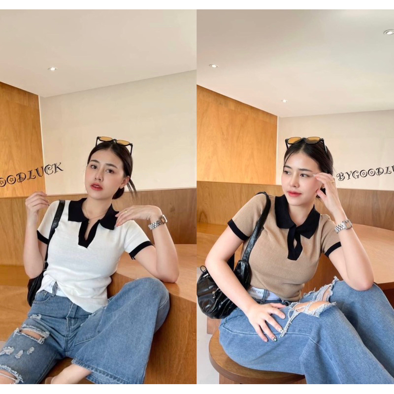 G92 เสื้อทรงคอโปโลแขนสั้น งานผ้าไหมพรมสีพื้นตัดแถบคอสีทูโทนงานทรงฮิตงาน