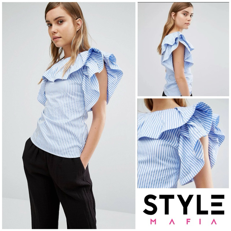 Style Mafia Pinstripe Ruffle Top Size XS /S A291