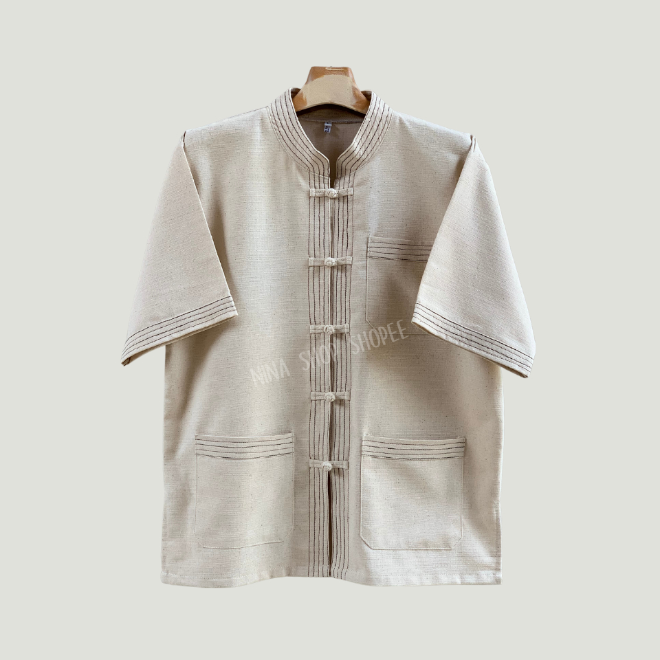 เสื้อคอจีนผ้าฝ้ายชินมัย ไทยองแขนสั้น เดินเส้นแนวล้านนา โบราณ งานประยุกต์สมัยใหม่ โดดเด่นมีเอกลักษณ์ สวมใส่สบาย