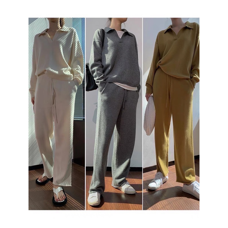 Knit V Collar Long Sleeve Top&Long Pant Set