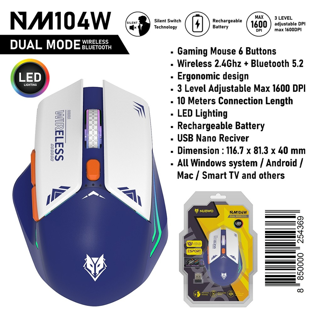 เมาส์เกมส์มิ่งไร้สาย NUBWO NM104W Wireless 2.4Ghz + Bluetooth 5.2