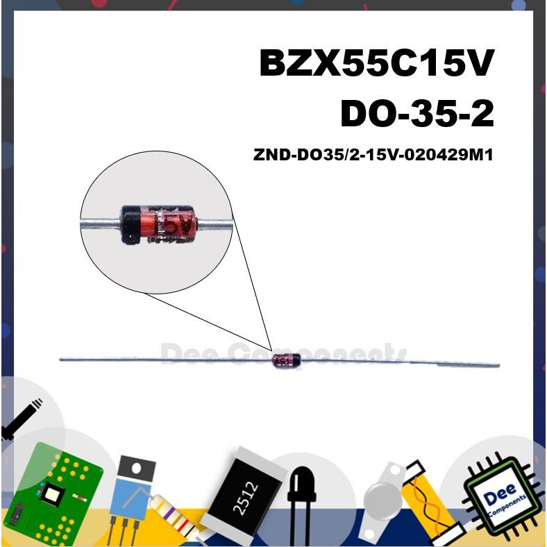 Vishay BZX55C15V 15V Zener Diode 6% 500 mW Through Hole 2-Pin ZND-DO35/2-15V-020429M1 (20 ชิ้น)