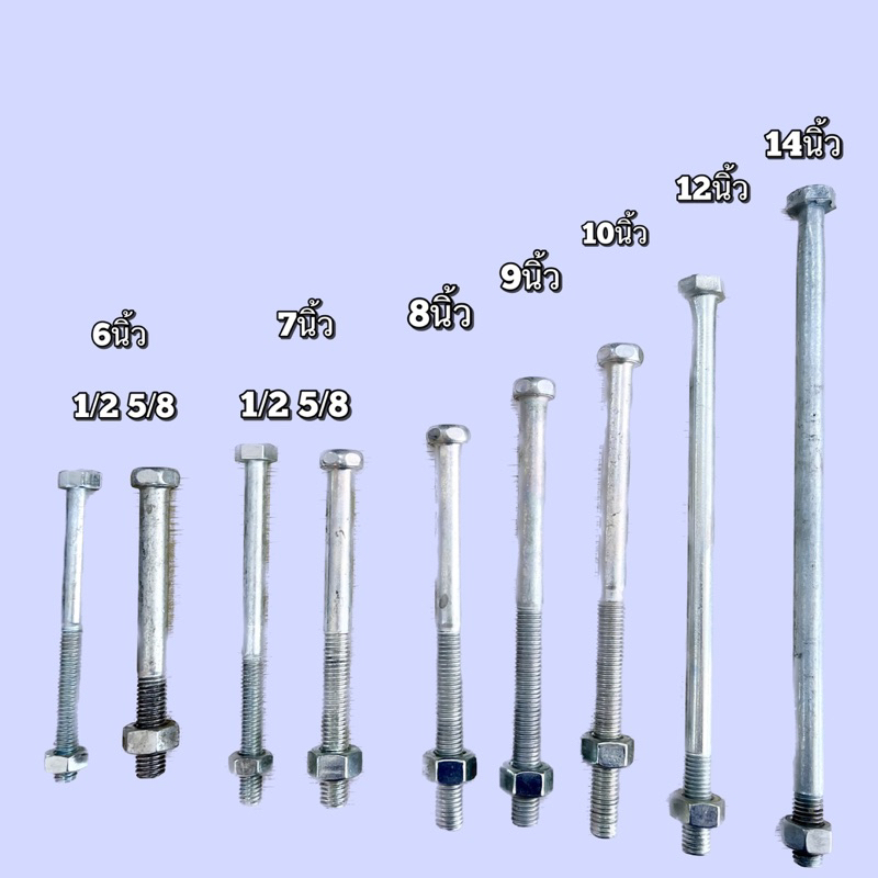 น๊อตไฟฟ้า 6,7,8,9,10,12,14 นิ้ว ครบชุด(เกลียวอาจสั้น/ยาวกว่าในรูป) พร้อมแหวนสี่เหลี่ยม ตัวหนา