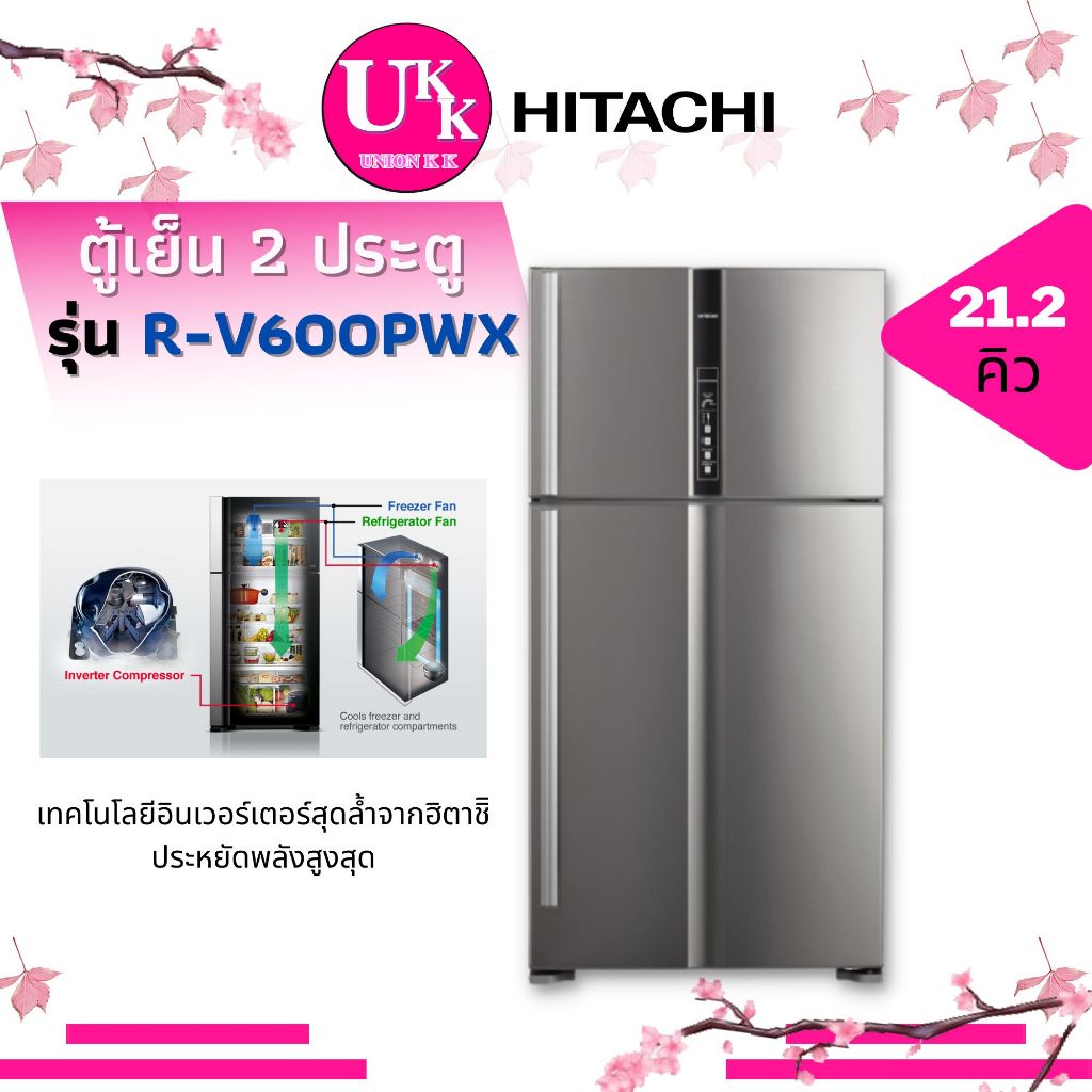 HITACHI ตู้เย็น 2 ประตู รุ่น R-V600PWX ขนาด 21.2 คิว INVERTER R-V600 RV600PWX RV600