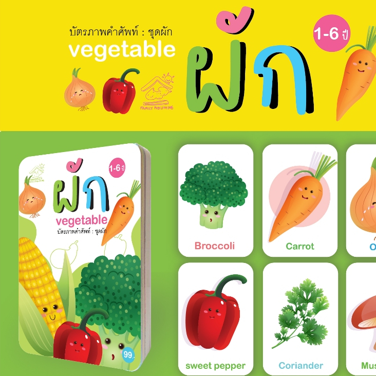 FLASH CARD แฟลชการ์ด บัตรภาพคำศัพท์ ชุดผัก สำหรับเด็ก สื่อการเรียนรู้สำหรับเด็ก บัตรภาพ 2 ภาษาอังกฤษ-ไทย สอนคำศัพท์