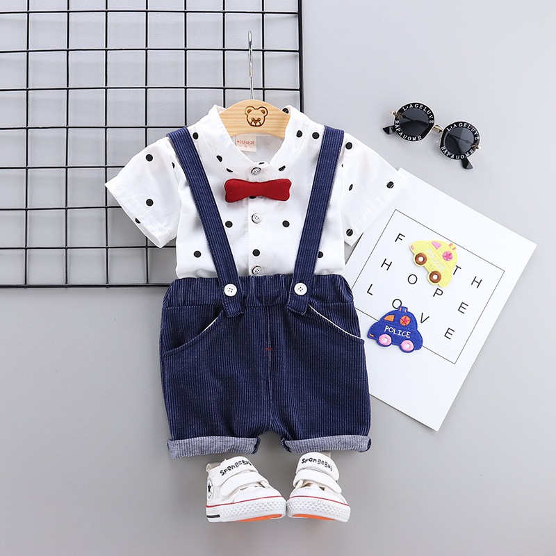Babyonline(Y290)J2 (แถมโบว์สีแดง)ชุดเอี๊ยมset2ชิ้นกางเกงขาสั้น+เสื้อเชิ้ตลายจุด มีกิ๊ฟโบว์ติดเสื้อสุดเท่ ผ้าฝ้าย นิ่ม