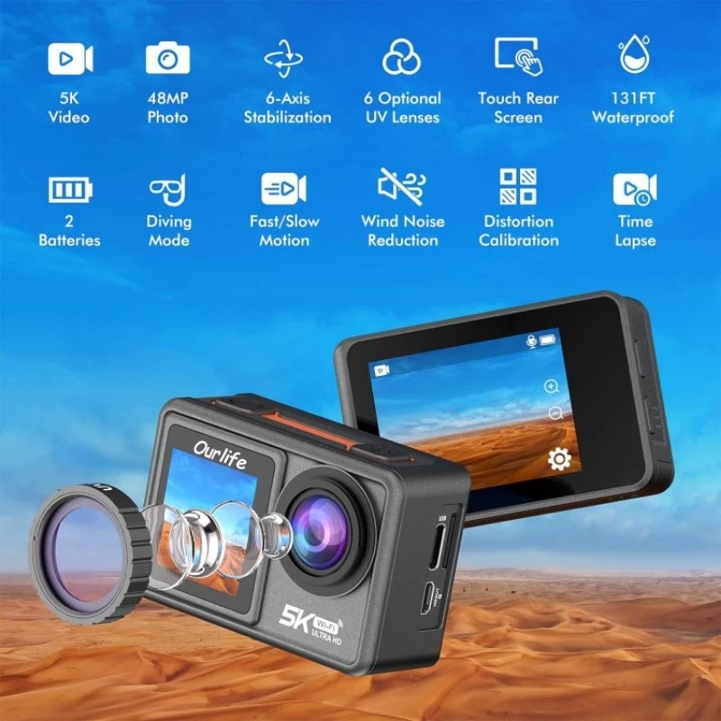 Action Camera 5K WiFi กล้องติดมอเตอร์ไซค์ กล้องติดหมวก กล้องถ่ายใต้น้ำ