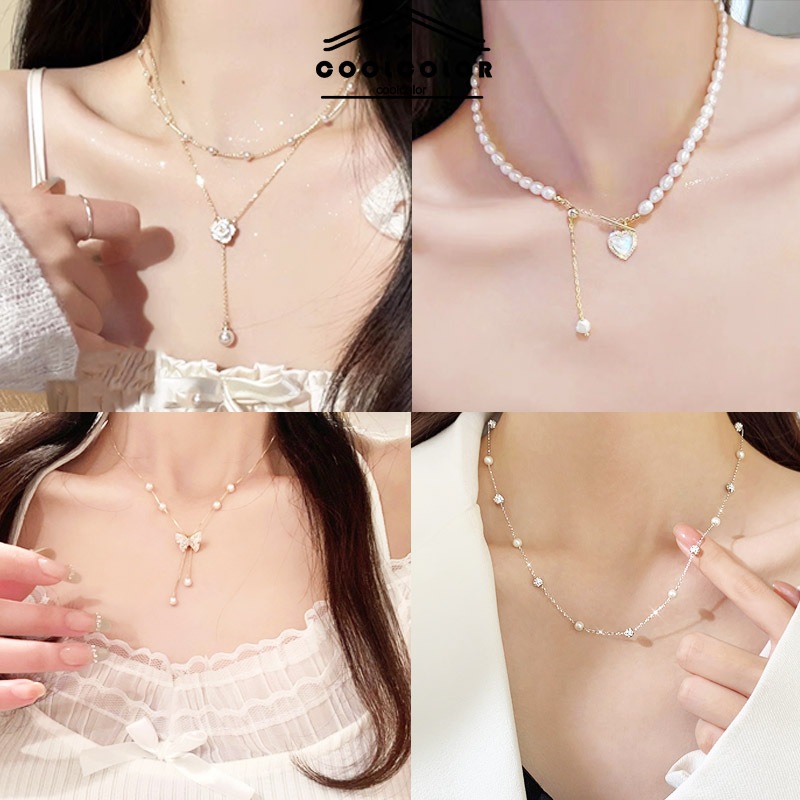 ส่งจากไทย❤️สองชั้นสร้อยคอดอกคาเมลเลียไข่มุกแฟชั่นเกาหลีใหม่โซ่ไหปลาร้าความรู้สึกขั้นสูงสําหรับผู้หญิง