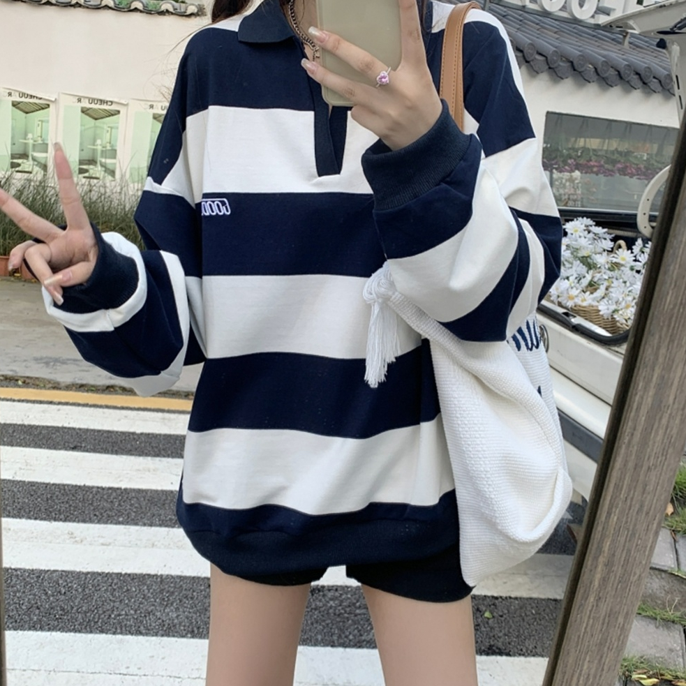 fashiongirl1688 เสื้อยืดแขนยาวลายทางสุดชิคแห่งปี สวยมาก ดีเทลคอปกสีสันดีเว่อร์เนื้อผ้านุ่มใส่สบายสุด
