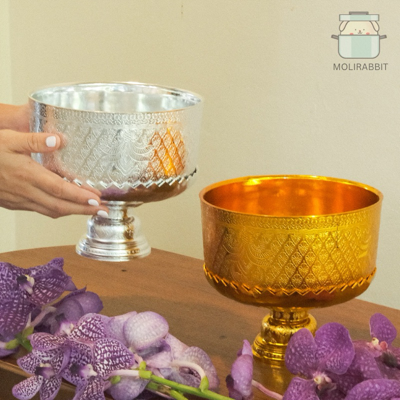 ขันน้ำ18 ซม.+พานกลีบบัว 18 ซม. สีเงิน-สีทอง ขันน้ำพานรอง ขันพลาสติก