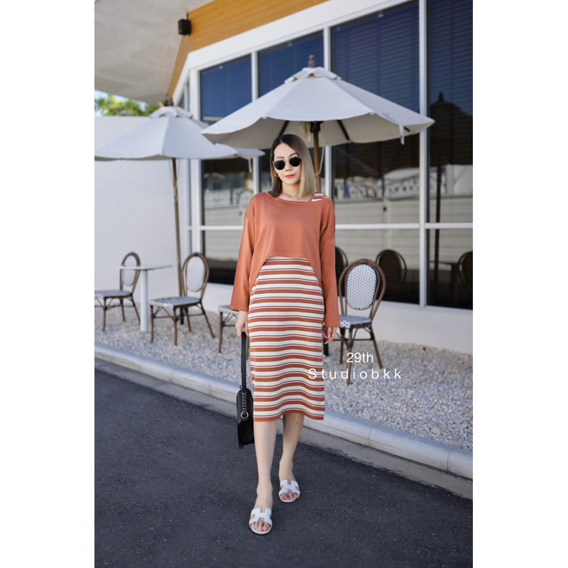 🌈🌿🌼🌺🌸🧡🩶🤎🇰🇷 Knit Stripe Sleeveless Maxi Dress&amp;Crop Long Sleeve Set