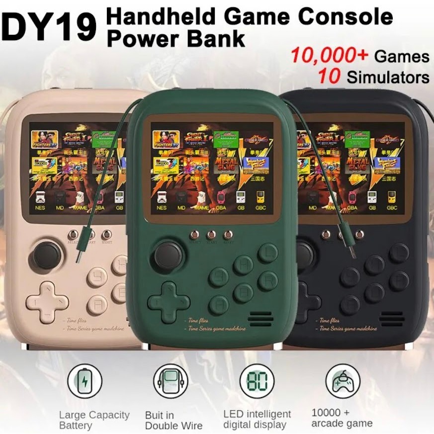 2023 DY19เครื่องเล่นเกมมือถือย้อนยุคเครื่องมินิแบบพกพาแบตสำรองเครื่องเล่นวิดีโอเกมสายชาร์จคู่ของขวัญสำหรับเด็ก