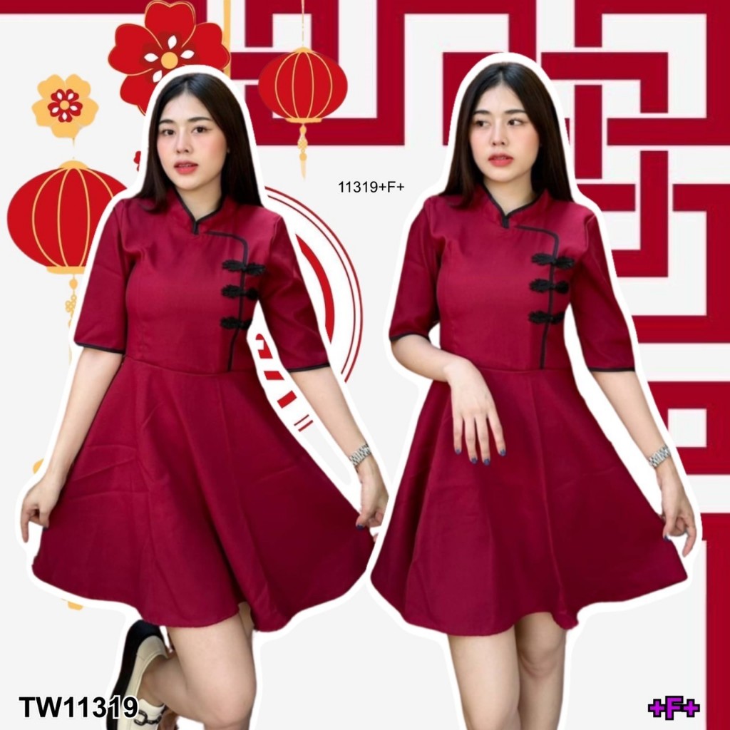 TwinsShopVip💗พร้อมส่ง TW11319 เดรสกี่เพ้าแดง