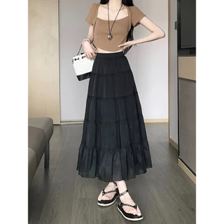 Cicishop(907)Layer Skirts กระโปรงยาวผ้าชีฟองสีพื้น ใส่สบาย สไตล์โบฮี่เมี่ยน สุดชิค