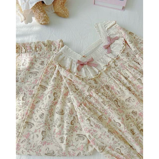 [JisellaShop] ชุดนอนแขนขายาวเซท2ชิ้น Free size อก40“ คอระบายลูกไม้ ติดโบว์ชมพูเพิ่มความหวาน น่ารักมากก💕