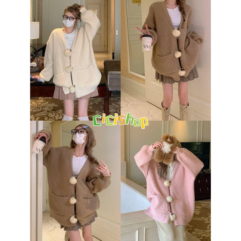 Cicishop(0662)เสื้อไหมพรมคาร์ดิแกนเเขนยาว ผ้าถัก ดีเทลลูกบอลขนมิ้งเเต่งกระดุม Socute เหมาะสำหรับฤดูหนาว