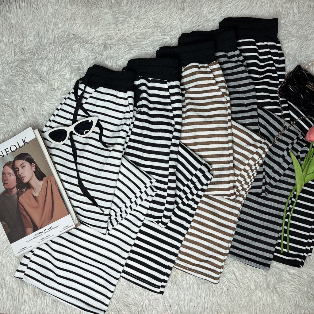 B30 กางเกงขายาวมีกระเป๋าข้าง เชือกรูด ลายริ้ว