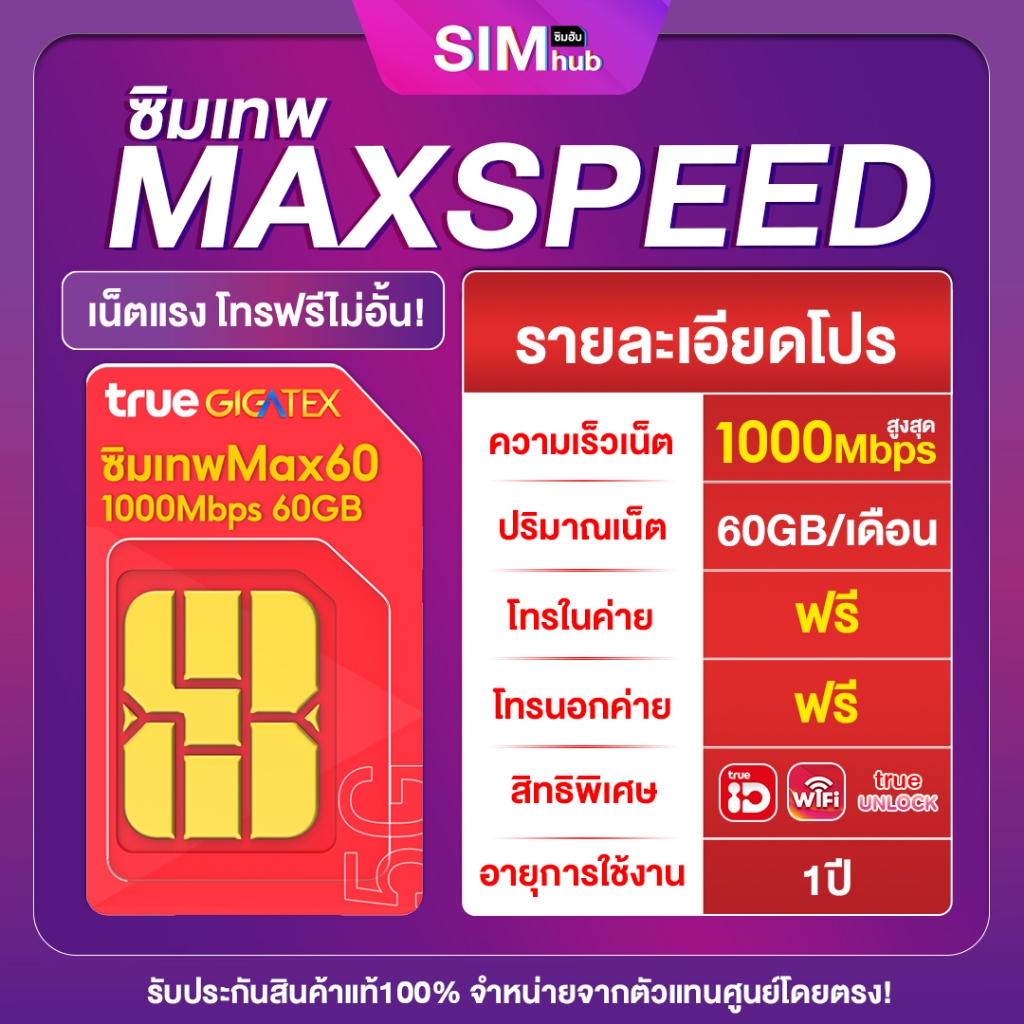 Sim Max speed ซิมเทพทรู ความเร็วสูงสุด 1000Mbps เน็ต 60GB/เดือน โทรฟรีทุกเครือข่ายไม่อั้น