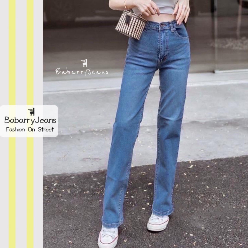 BabarryJeans มีบิ๊กไซส์ S-5XL ยีนส์ทรงกระบอก ผ้ายืด เอวสูง แบบเรียบ วินเทจ