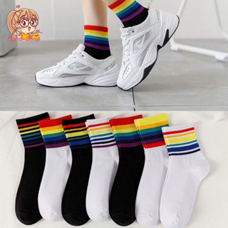 annacnny ถุงเท้าข้อกลางแนววินเทจ คาดแถบสีรุ้ง ถุงเท้าแฟชั่นล…