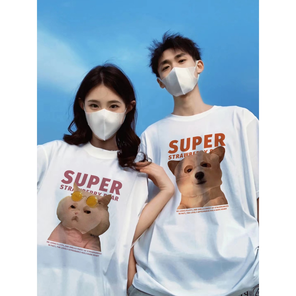 cherryshop เสื้อ y2k พิมพ์ลายลูกสุนัขรุ่นคู่รักเสื้อยืด สีขาวทรงหลวมสีดำแบบสั้นแมทช์ลุคง่าย