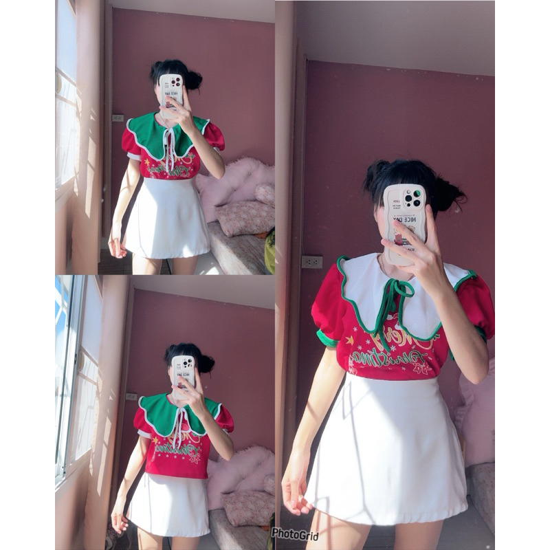 mnv_shop ต้อนรับ Merry Christmas. ครอปแขนสั้น คอปกบัว แต่งกุ๊นขอบสี สกรีนMerry christmas. แขนจั๊ม ผ้าวูลเวฟ(CM9
