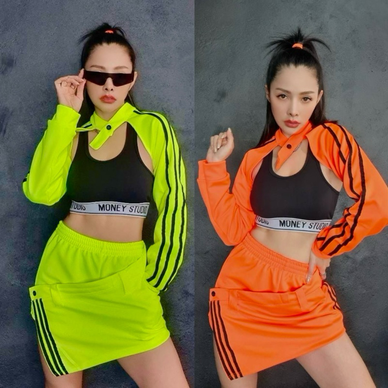ชุดเซตนีออนเสื้อครอปต่อแขนและกางเกงกระโปรงแต่งแุบเบี่ยง ⚠️ ขาว ดำ ไม่เรืองแสง เขียว ส้ม ชม เรืองในไฟแบล็คไลท์⚠️