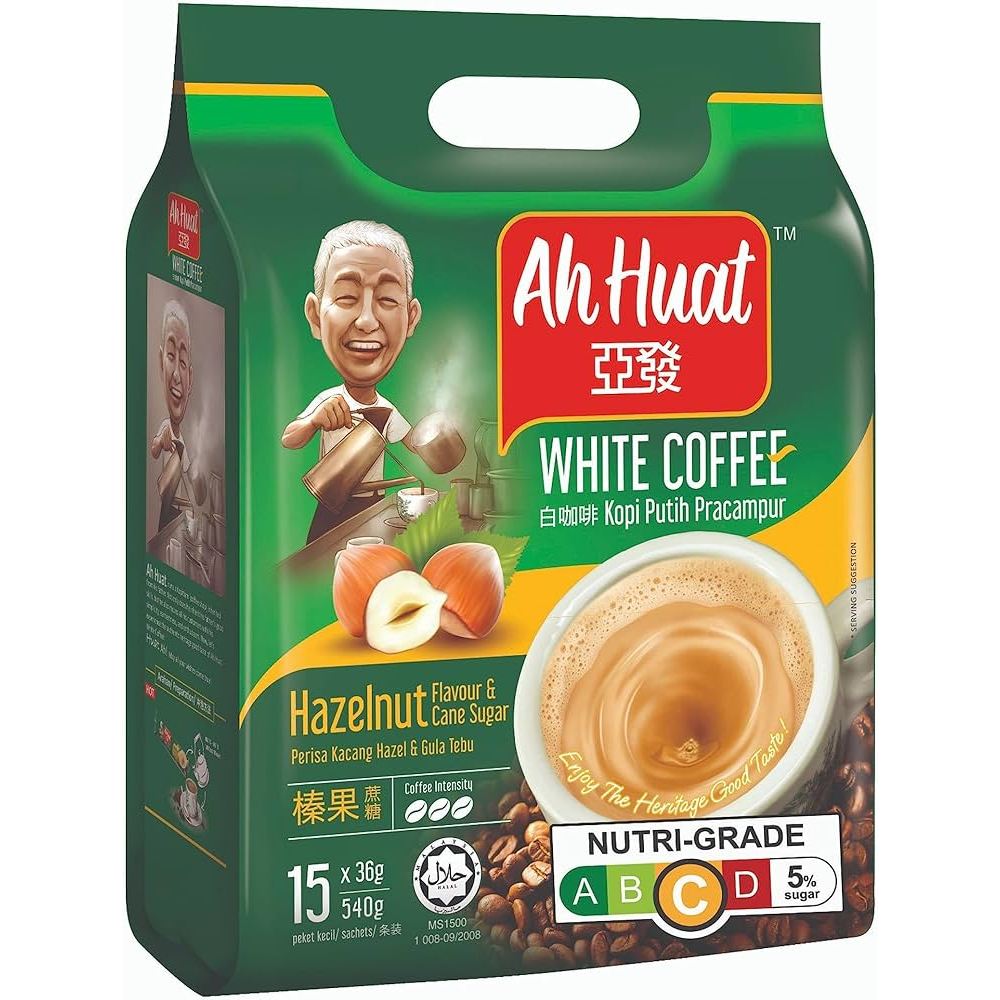 กาแฟขาวอาฮวดผสมเฮเซลนัทและน้ำตาลอ้อย Ah Huat 3 in 1 White Coffee Hazelnut & Cane Sugar (38g x 15's) 亚发榛果蔗糖