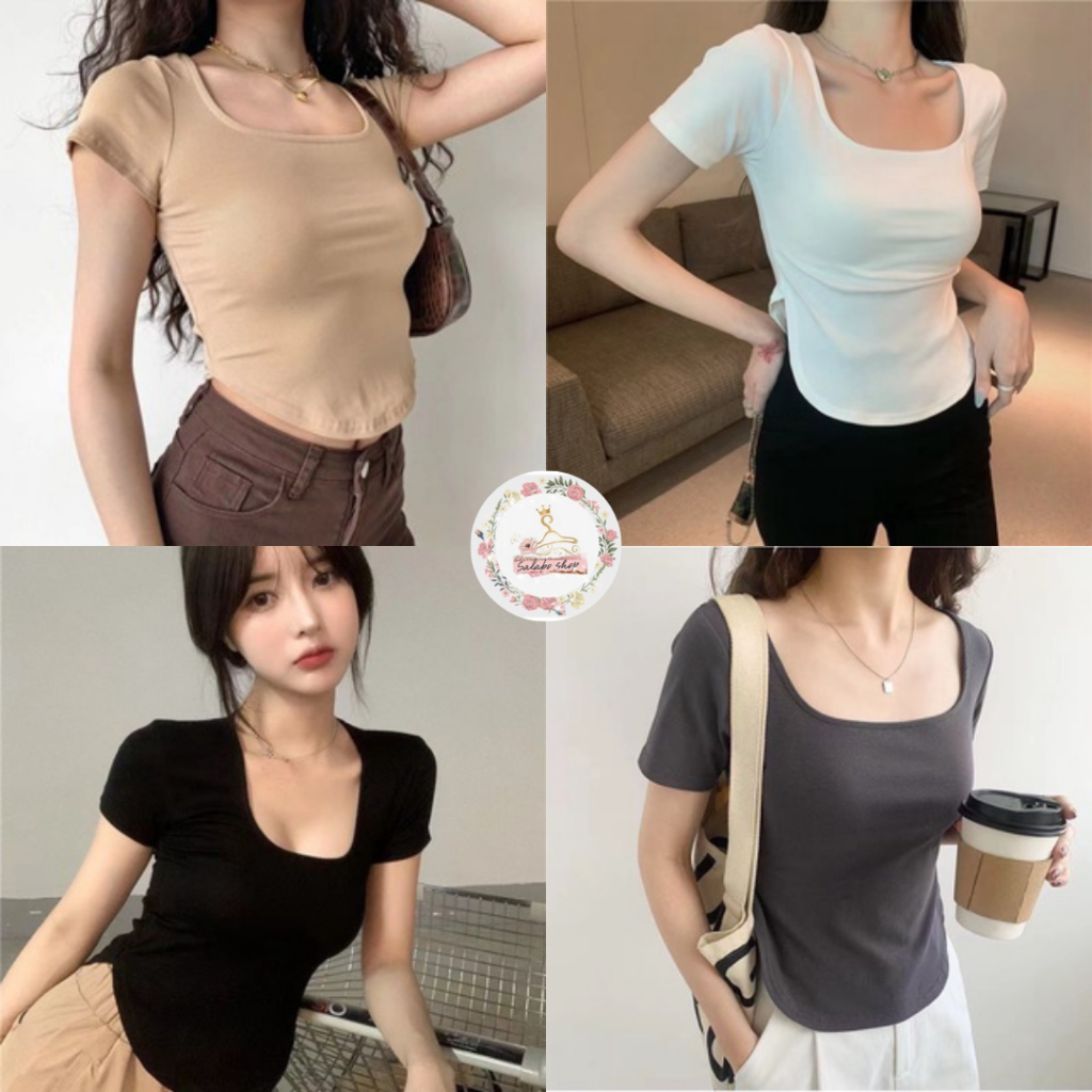 SALABO(พร้อมส่ง)🌷เสื้อรัดรูป คอกลม🌷 แต่งชายโค้ง สีพื้น แวกข้างนิดๆโชว์เซ็กซี่ ผ้านิ่มผ้ายืด🌷 #A4