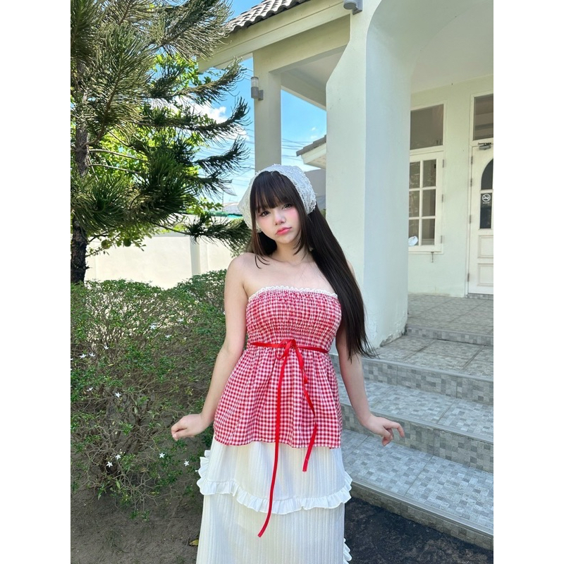 Nusa style เสื้อเกาะอกลายสก็อต แต่งลูกไม้