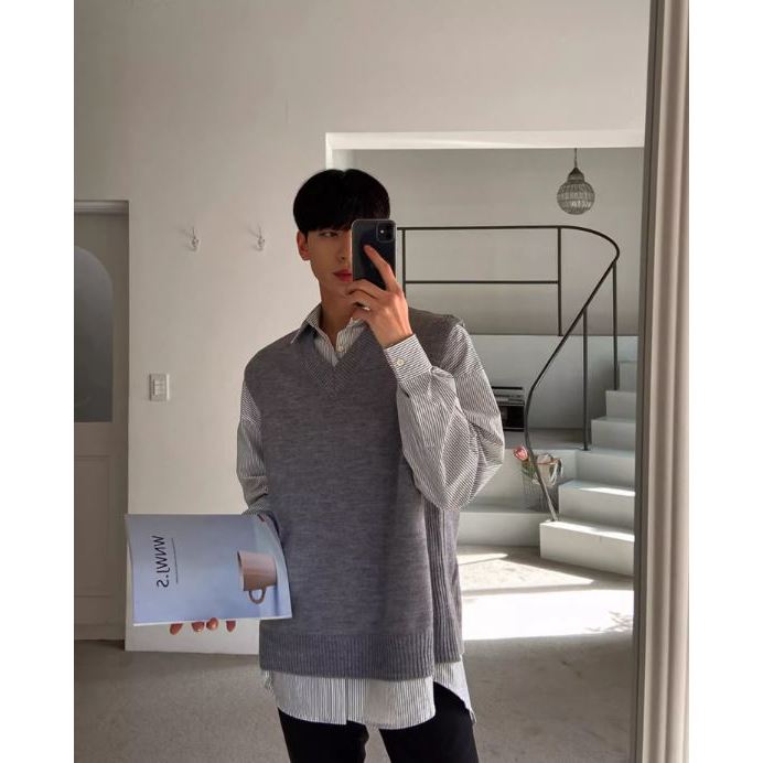 เสื้อกั๊กไหมพรมผู้ชาย Size : M-3X แขนกุดคอวี สไตล์เกาหลี ใส่ได้หลากหลายโอกาส - รูปที่ 3