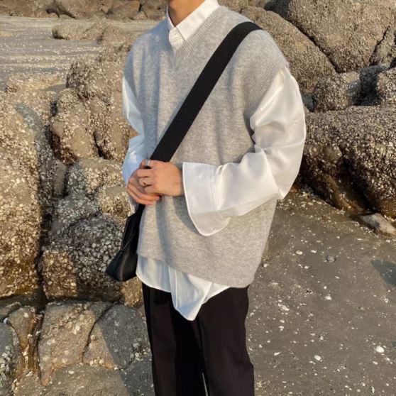 เสื้อกั๊กไหมพรมผู้ชาย Size : M-3X แขนกุดคอวี สไตล์เกาหลี ใส่ได้หลากหลายโอกาส - รูปที่ 5