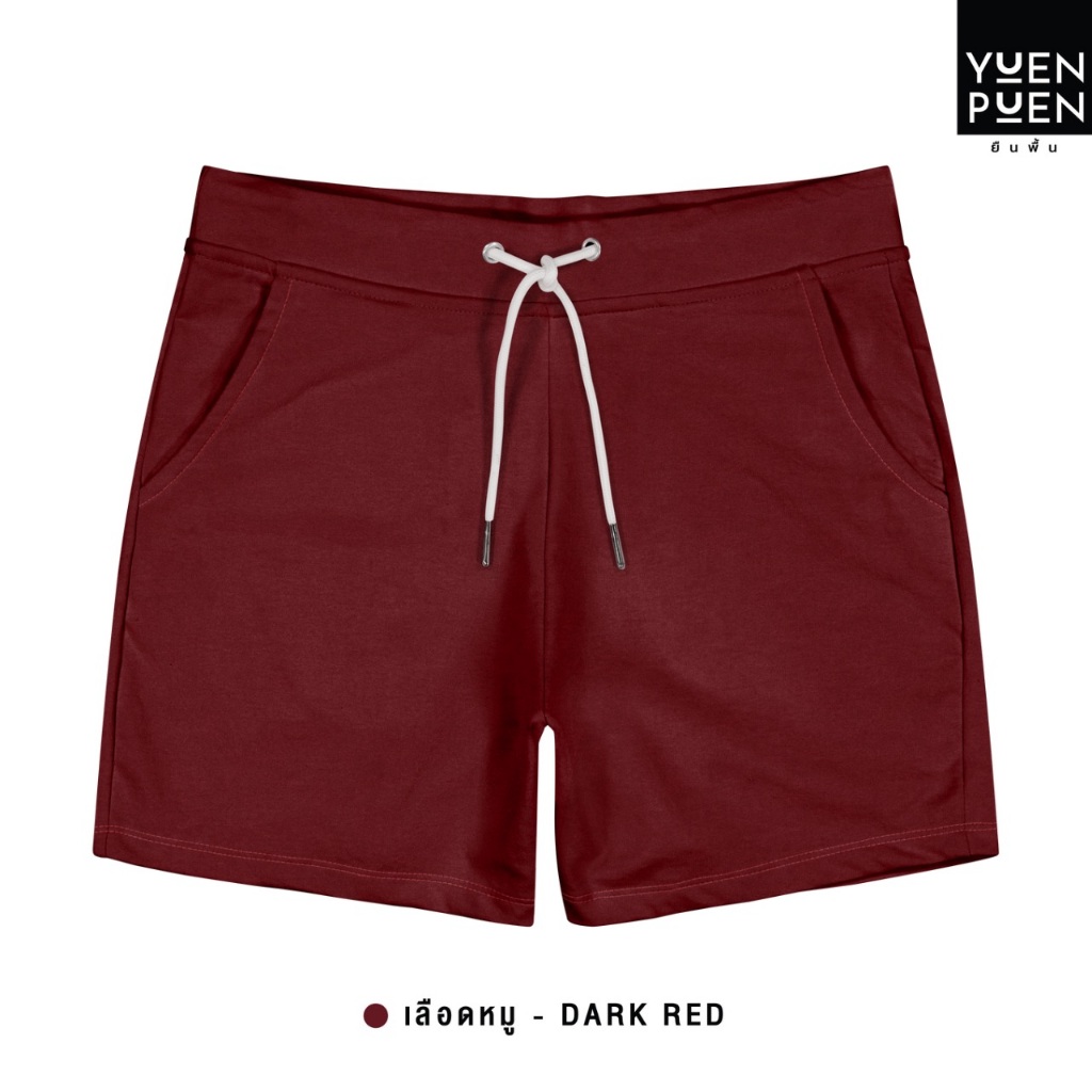 YuenPuen ยืนพื้น กางเกงขาสั้น สีเลือดหมู รุ่น French Terry ผ้าเกล็ดปลา ยืดหยุ่น นุ่มอยู่ทรง