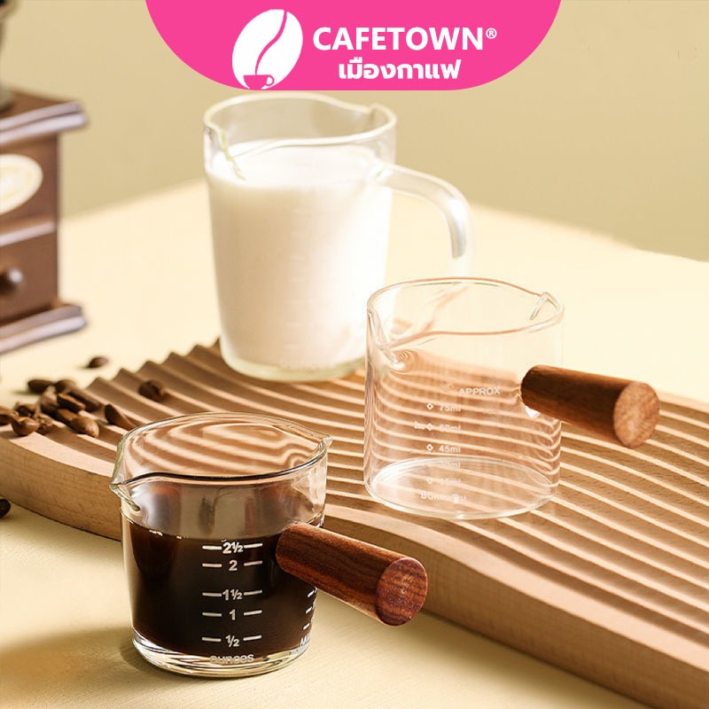 CAFETOWN® แก้วตวง กาแฟ ด้ามไม้ สองปากเท แก้วช็อต 75-150มิลลิลิตร 3I1N