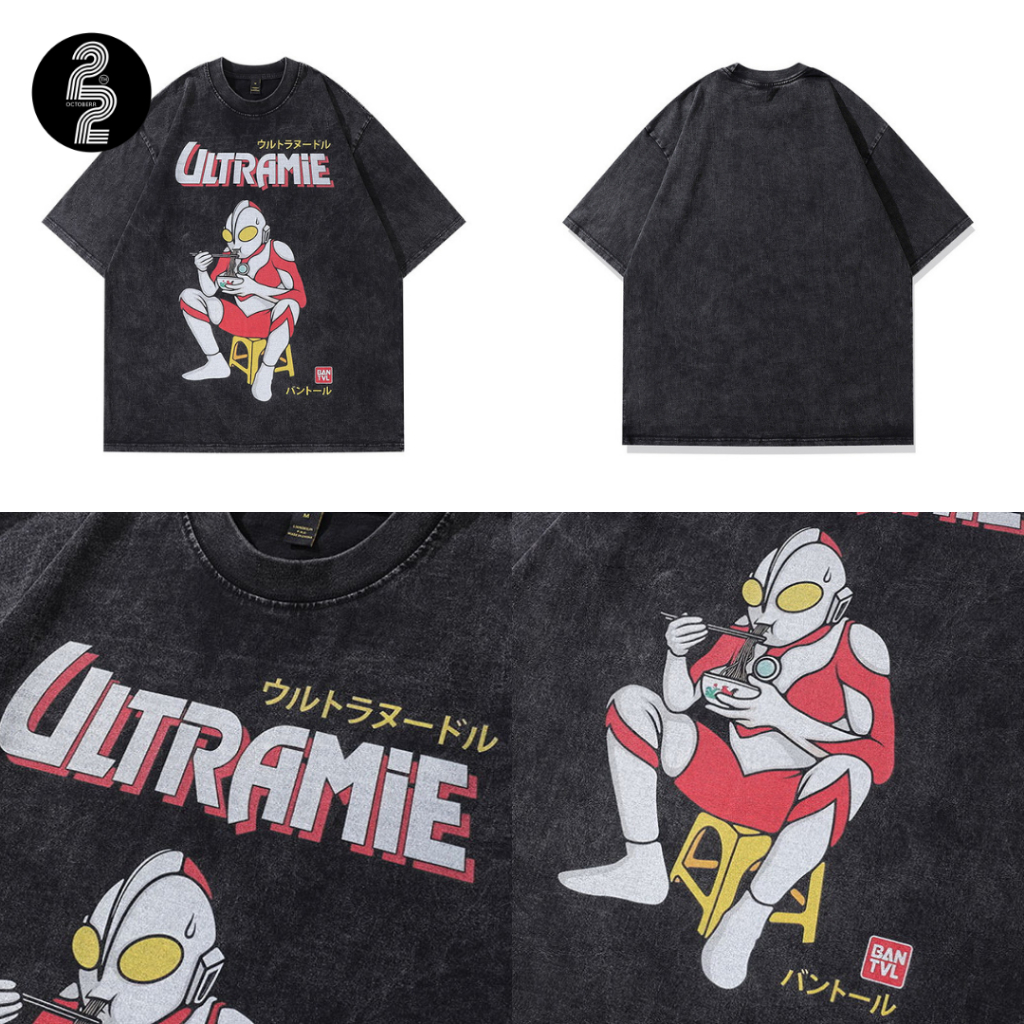 KR1136 "Ulrtamie Noodle Shirts" เสื้อยืดเกาหลีฟอกทรงOversize ลายอุลตร้าแมนกินบะหมี่สำเร็จรูป